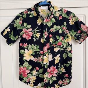 Old Navy Kids Black Floral Button Down Hawaiian Dress Shirt, Vacation, Travel